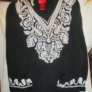 V Cristina Women's Tunic Top Stretch Embroidered 3/4 Sleeve Large Black/ White